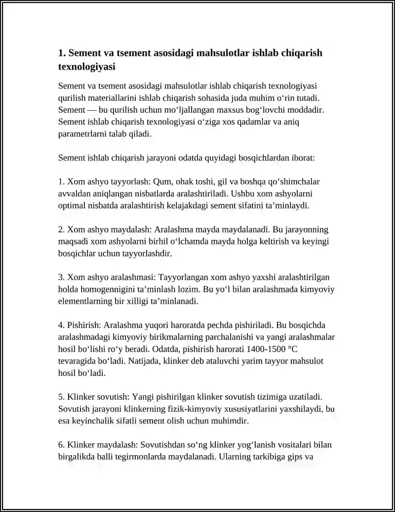Sement va tsement asosidagi mahsulotlar ishlab chiqarish texnologiyasi 3
