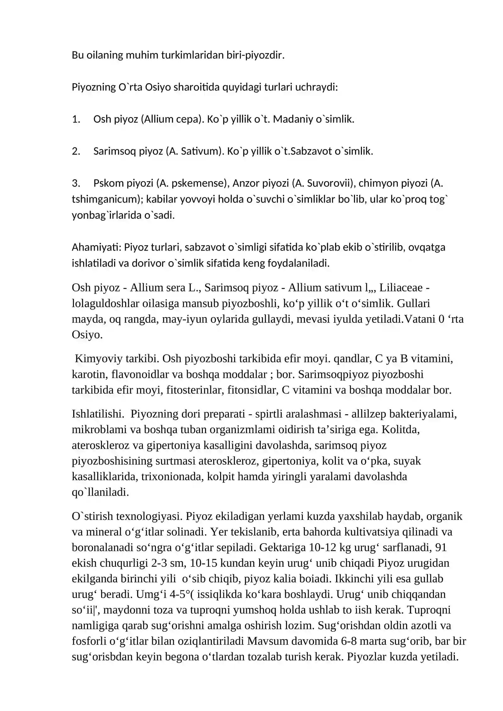 Piyozdoshlar (Alliaceae) oilasidagi turlar biologiyasi, ekologiyasi, areali va xalq xo`jaligidagi ahamiyati 3