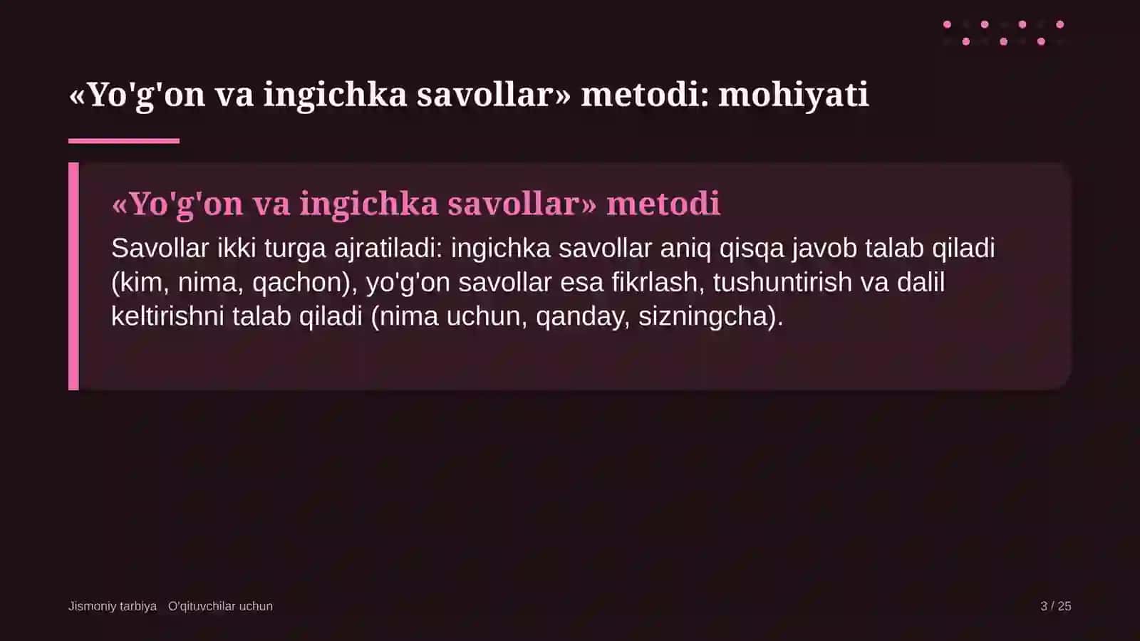jismoniy tarbiya darslarida yo'g'on va ingichka savollar metodidan foydalanish 2482 3