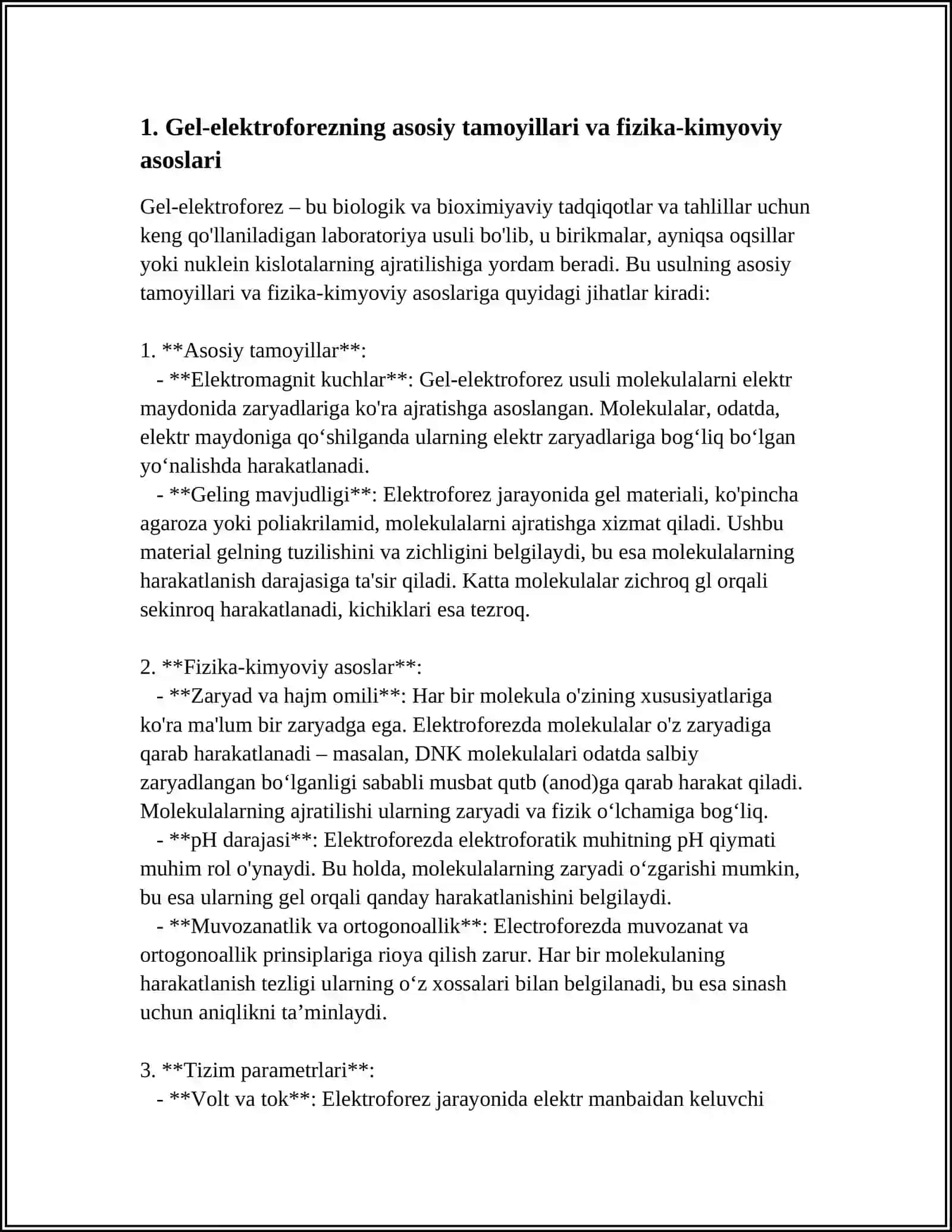 NUKLEIN KISLOTALAR GEL - ELEKTROFOREZ USULINING OʻZIGA XOSLIGI VA AHAMIYATI 3