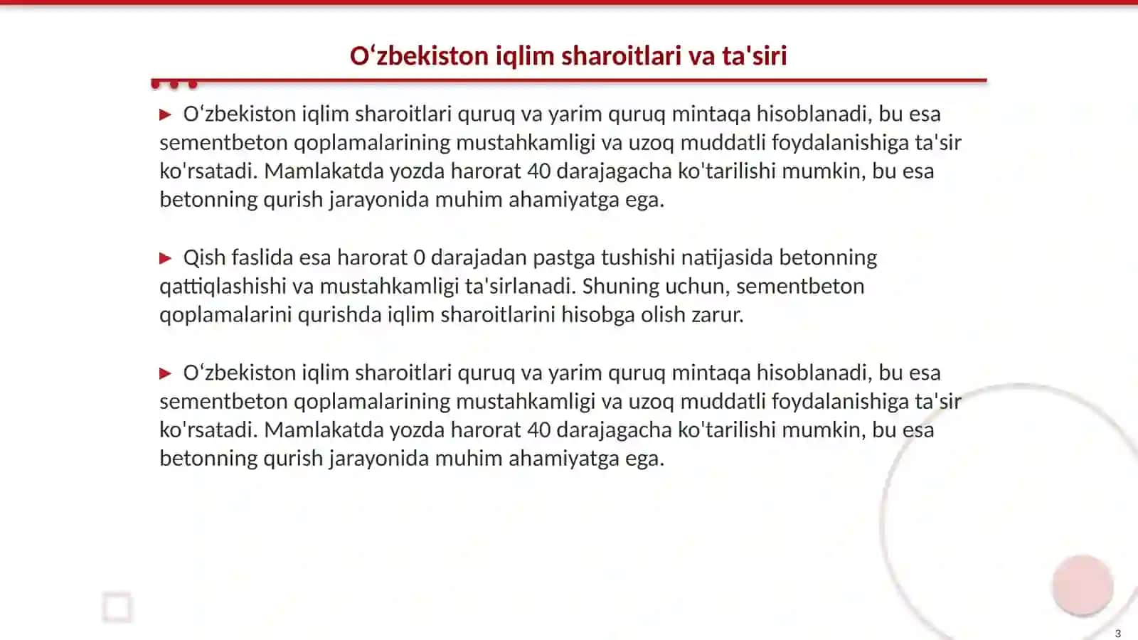 Oʻzbekiston tabiiy iqlim sharoitda sementbeton qoplamalarini qurishning oʻziga xos tomonlari 3