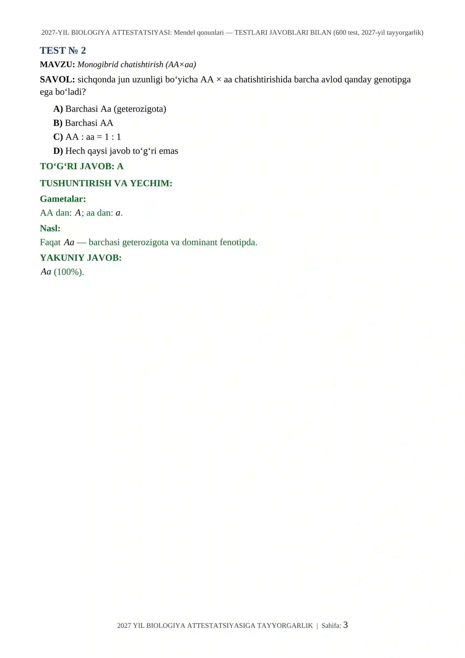 2027-YIL BIOLOGIYA ATTESTATSIYASI: Mendel qonunlari — TESTLARI JAVOBLARI BILAN (600 test, 2027-yil tayyorgarlik) 3