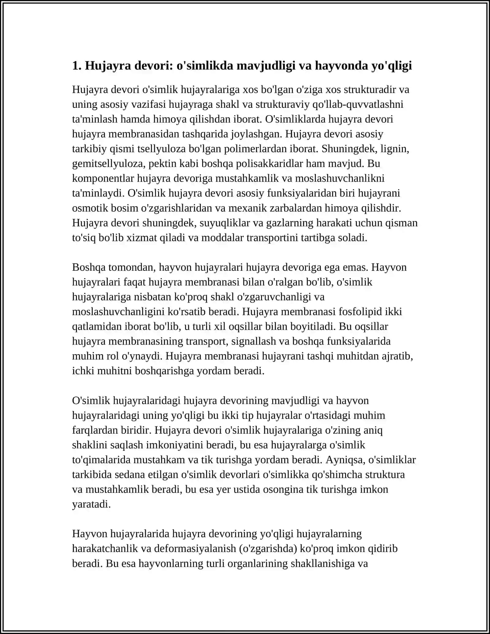 O'SIMLIK VA HAYVON HUJAYRASINING FARQLI VA O'XSHASHLIK BELGILARI 3