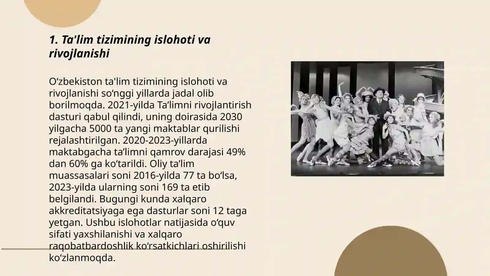 Mustaqillik yillarida O‘zbekistondagi ma’naviy va madaniy taraqqiyot. O‘zbekiston Respublikasida ta’lim sohasida amalga oshirilgan islohotlar 3