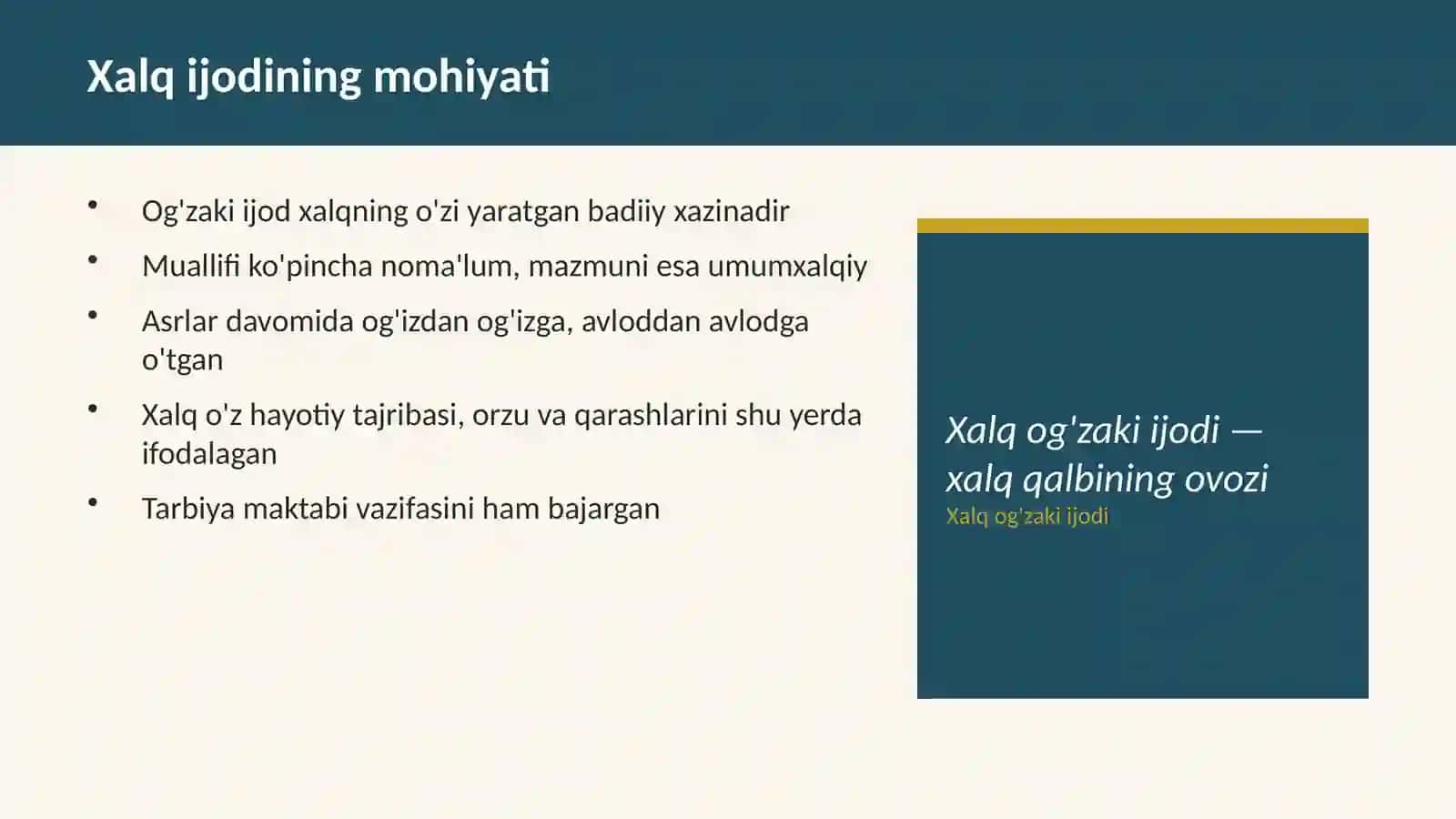 Xalq ijodida oilaviy, ma'naviy, maishiy va odob-axloqiy g'oyalarning yaratilishi 3