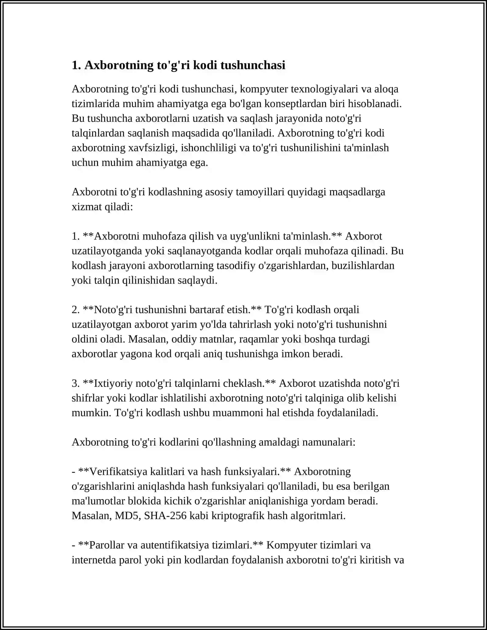 AXBOROTNING TOʻGʻRI, TESKARI, TOʻLDIRUVCHI VA MODIFIKATSIYALASHGAN KODLARI 3