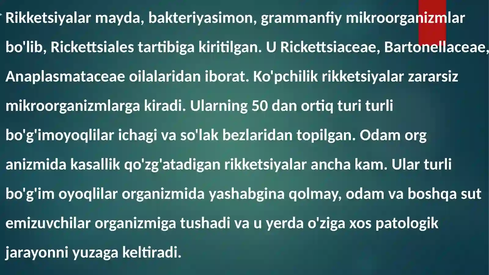 Transmissiv infeksiyalarning qo’zg’atuvchisi (spiroxetalar va rikketsiyalar). Taksonomiyasi, ekologiyasi, xo’jayin organizmlari va tashuvchilari, asosiy biologik xususiyatlari, patogenlik omillari. Odamlar va hayvonlar patologiyasidagi roli. Mikrobiologik diagnostika usullari 3