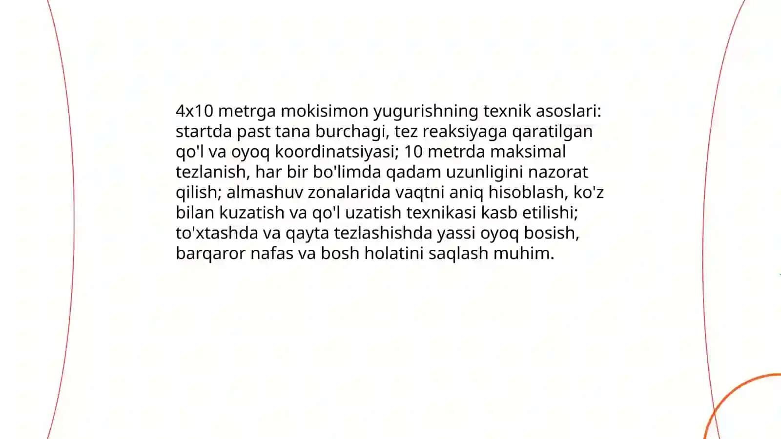 (4x10)metrga mokisimon yugurish.-60metrga yugurish.Badan qizdirish mashqlari xususiyatlari Oralboyeva Farangiz 3