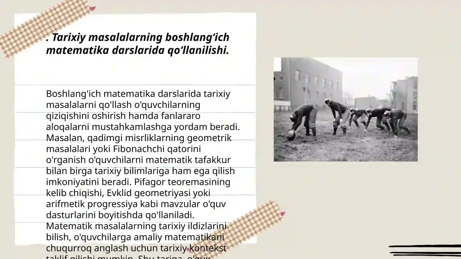 Tarixiy masalalar.Boshlangich sinflarda matematika darslari va sinfdan tashqari mashgʻulotlarda tarixiy masalalardan foydalanishni ochib berish 3