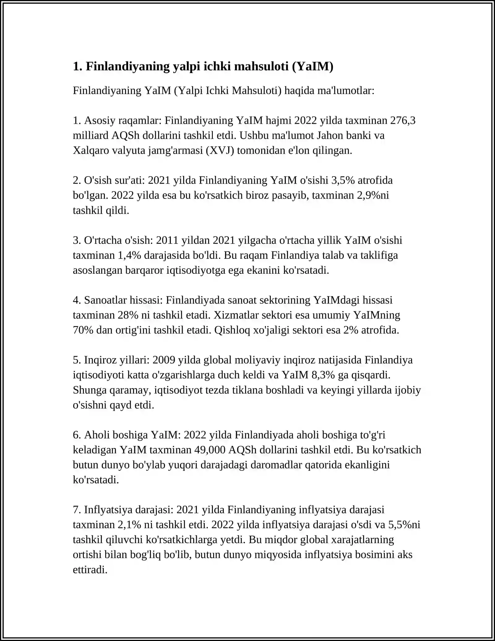 FINLANDIYA DAVLATI ASOSIY IQTISODIY KO‘RSATKICHLARI VA TA’LIM TIZIMI 3