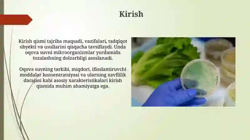 Chiqindi suvlarni mikroorganizmlar yordamida tozalash boʻyicha labaratoriya tajribasi 3