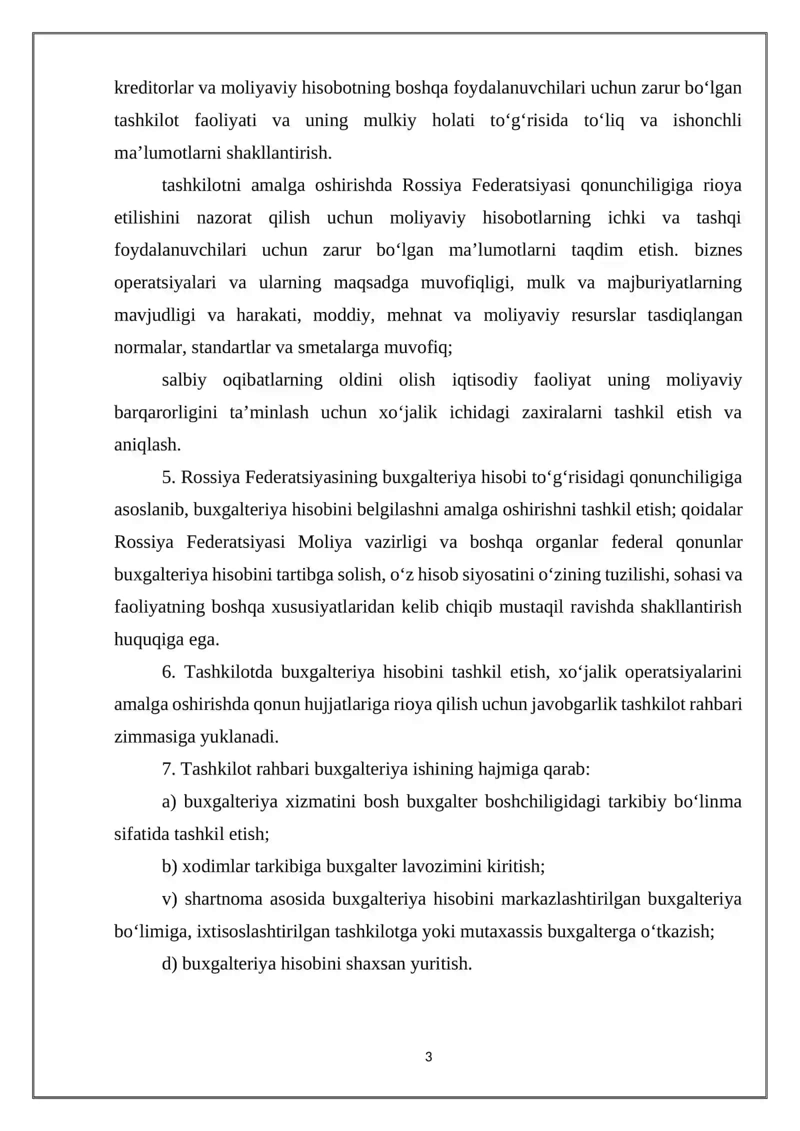 ROSSIYA FEDERATSIYASIDA BUXGALTERIYA HISOBI VA MOLIYAVIY HISOBOTNI YURITISH TO‘G‘RISIDAGI NIZOM 3