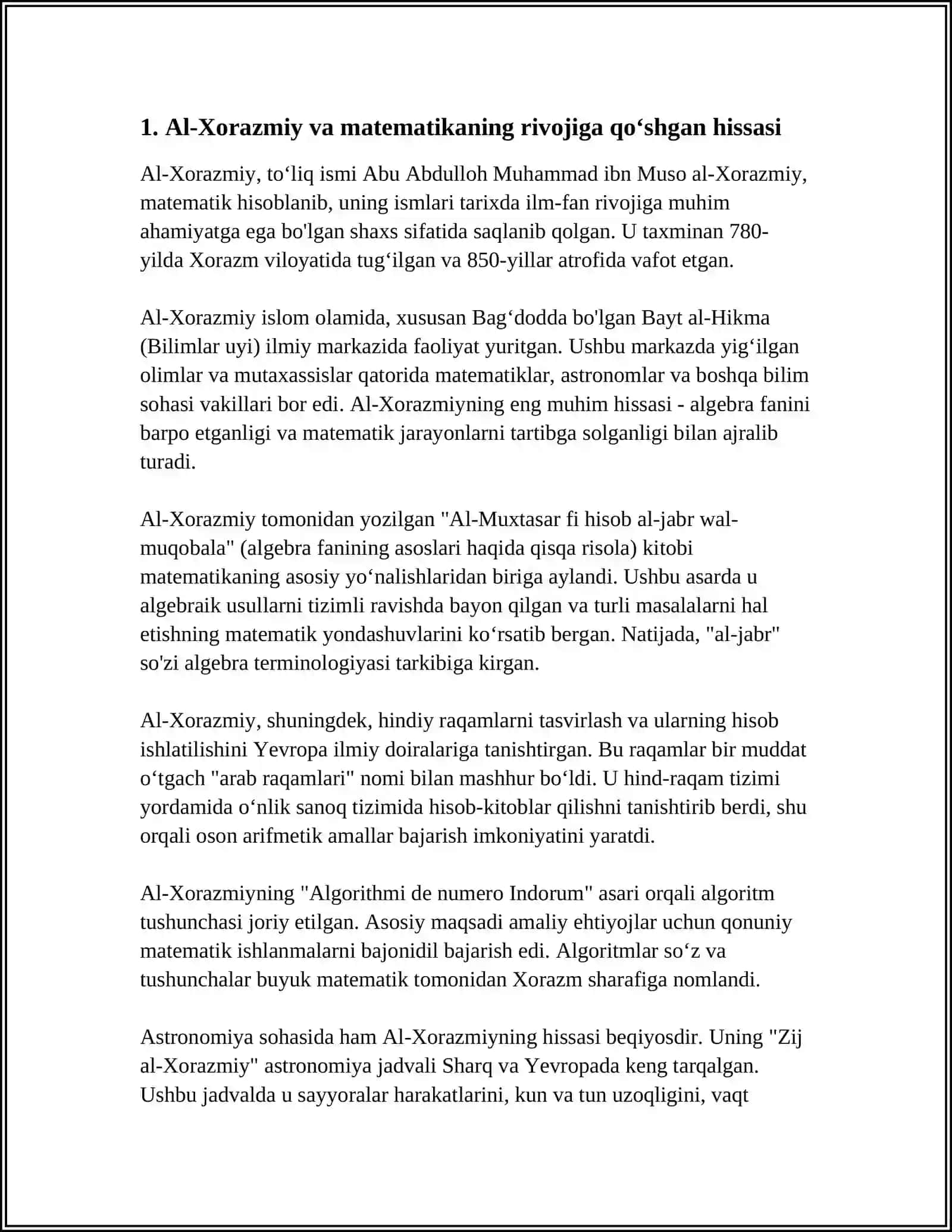 MUSTAQIL ISH Mavzu: OʻRTA OSIYOLIK ALLOMALARINING JAHON SIVILLITZIYASIGA QOʻSHGAN HISSASI 3