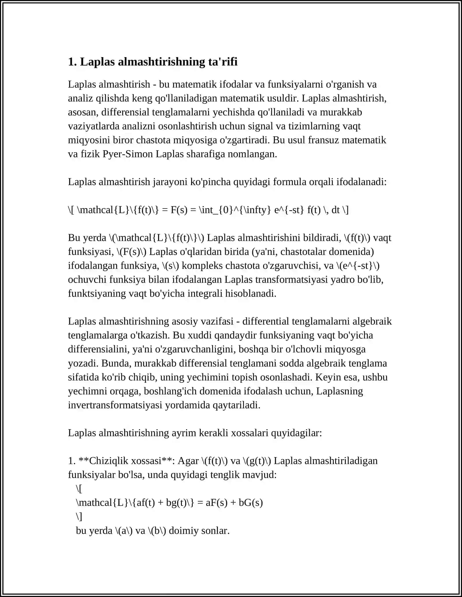 LAPLAS ALMASHTIRISH UNING XOSSALARI. ORIGINALLAR SINF TASVIRLAR SINF OPERATIV HISOBNING ASOSIY TEOREMALARI 3