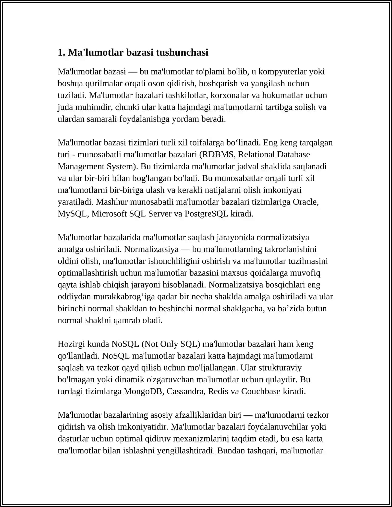 KICHKINA LOYIHA-SQLDA ODDIY MAʼLUMOTLAR BAZASINI YARATISH MAʼLUMOTLAR KIRITISH VA TURLI SO'ROVLAR YOZISH 3
