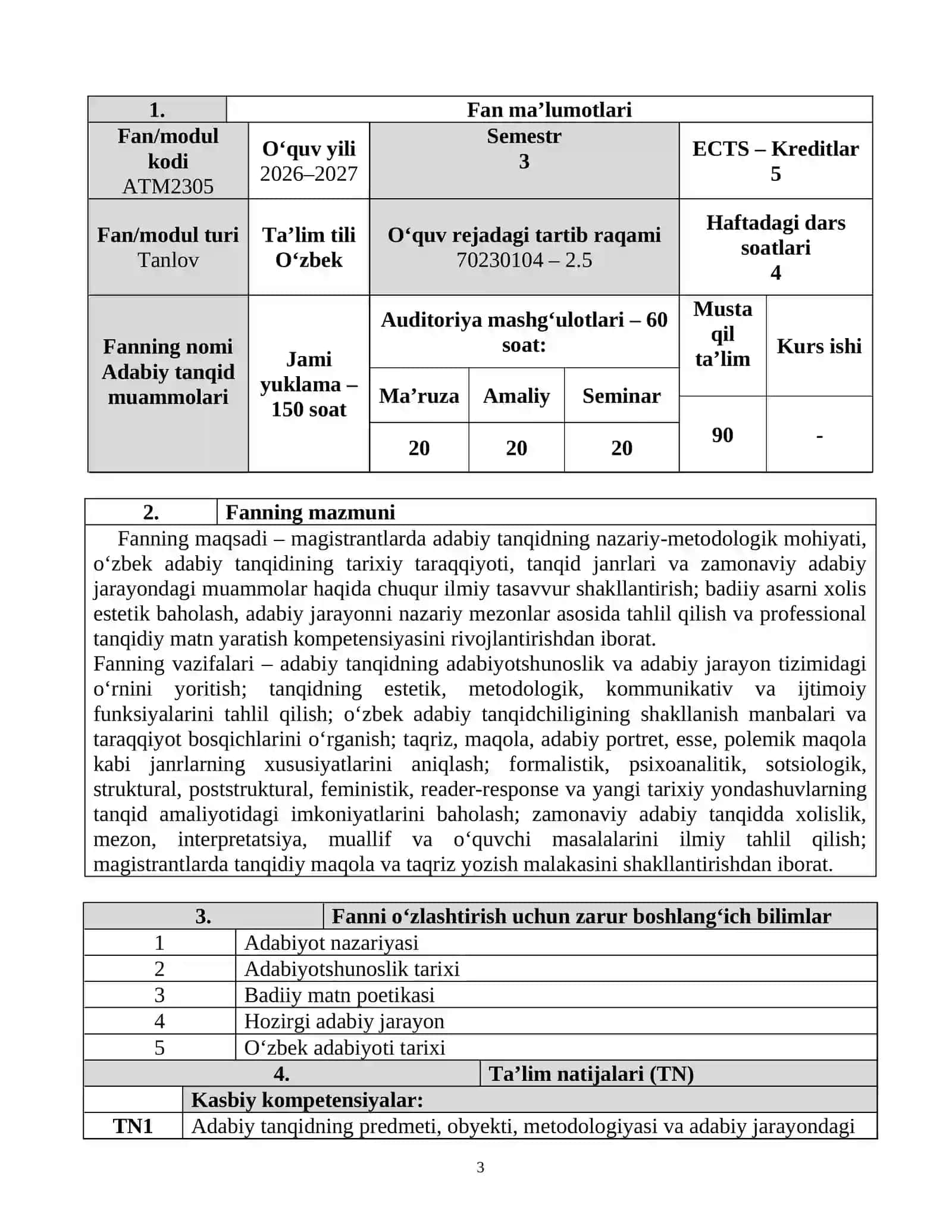 ADABIY TANQID MUAMMOLARI FANINING O‘QUV DASTURI 3