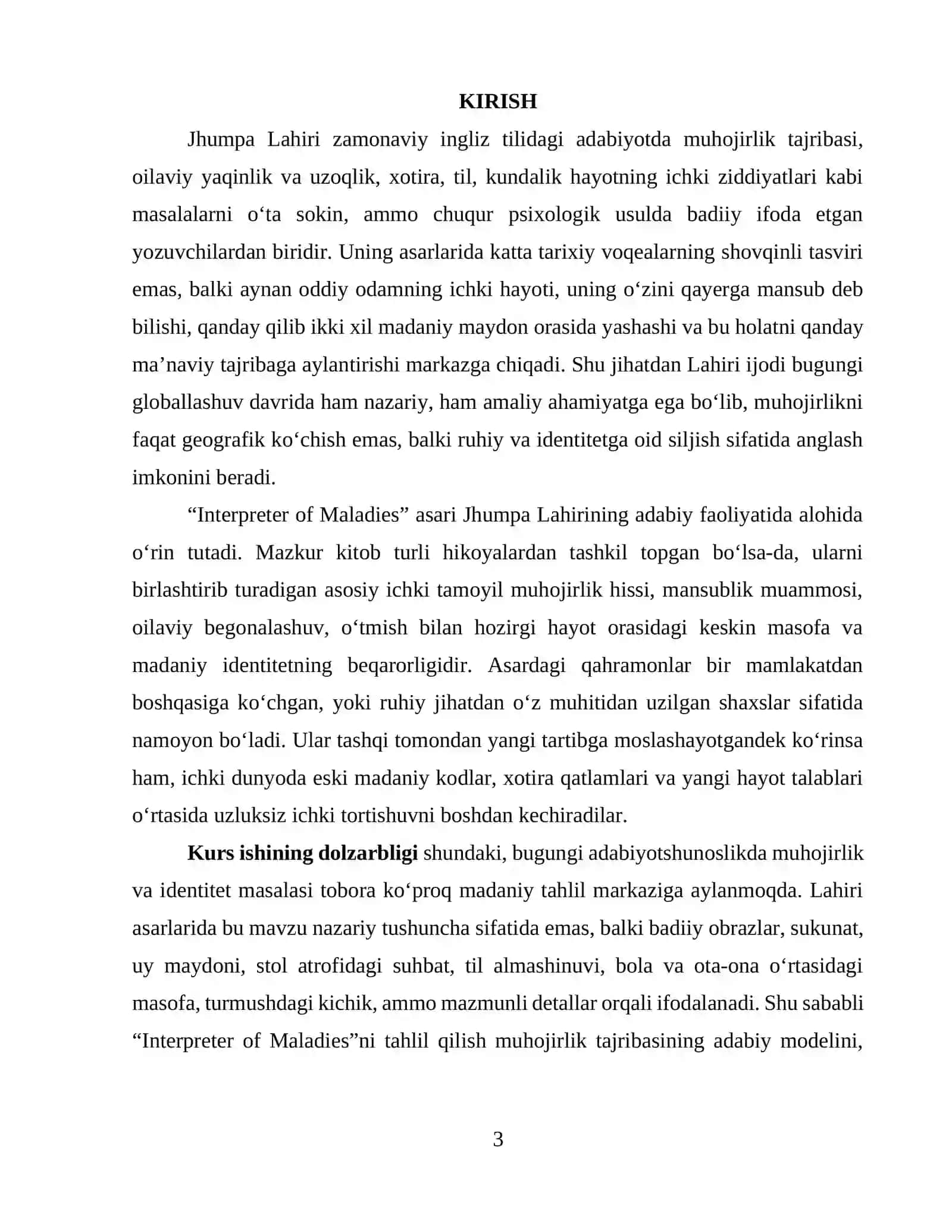 JHUMPA LAHIRI IJODIDA MUHOJIRLIK VA MADANIY IDENTITET MASALASI(“INTERPRETER OF MALADIES” ASARI MISOLIDA) 3