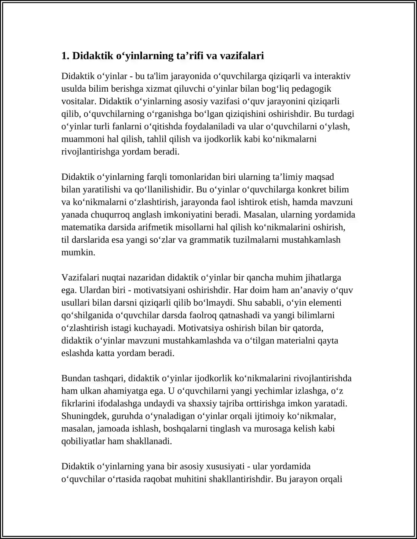 SINFDAN TASHQARI MASHG‘ULOTLARDA DIDAKTIK O‘YINLARNING AHAMIYATI, MAZMUNI ULARDAN FOYDALANISH 3