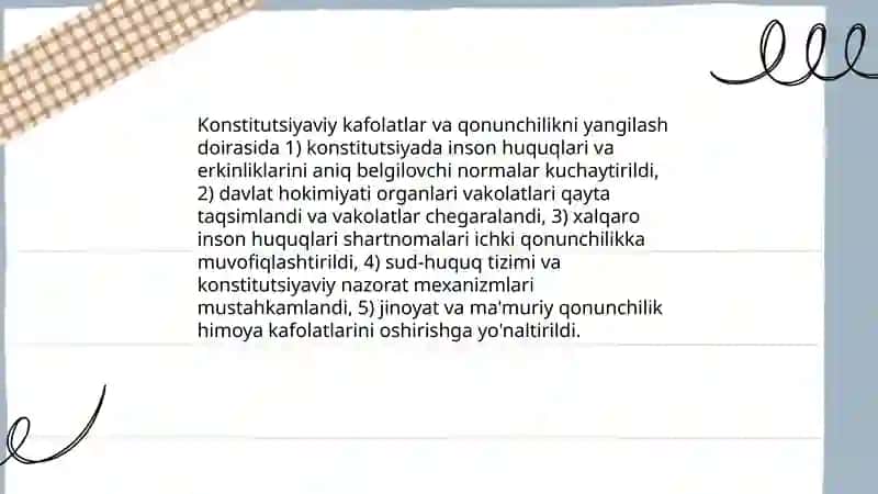 Yangi Oʻzbekistonda inson huquqlari va erkinliklari kafolatning yaratilishi Abduqayumova Ruxshona 3
