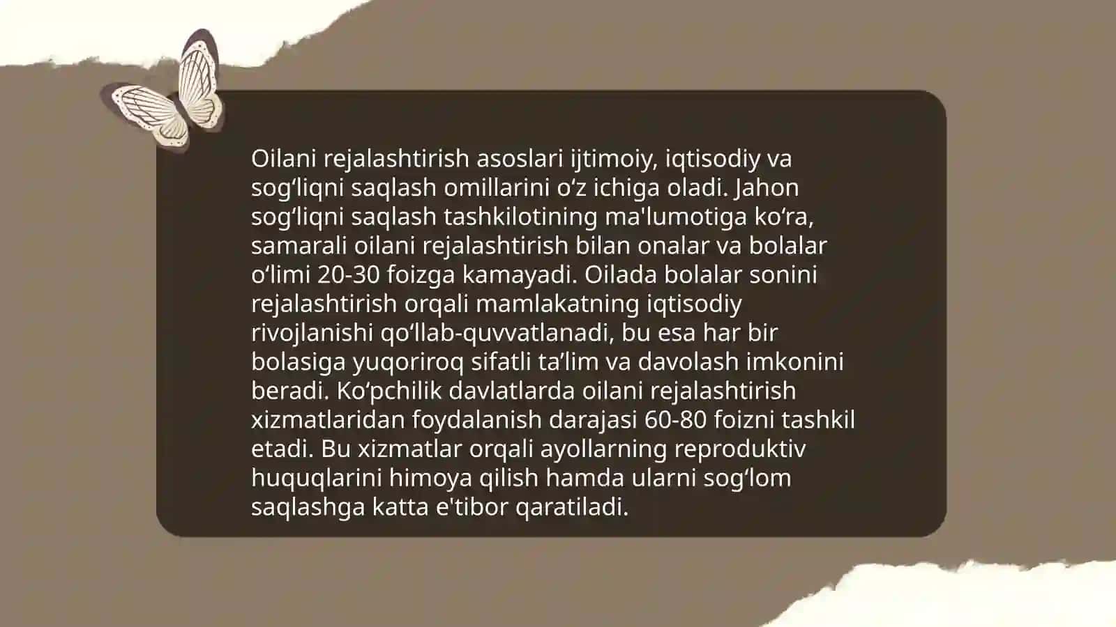 Oilani rejalashtirish. Reproduktiv salomatlik sifatini belgilovchi omillar. Jinsiy yo‘l bilan yuqadigan kasalliklarning oldini olish 3