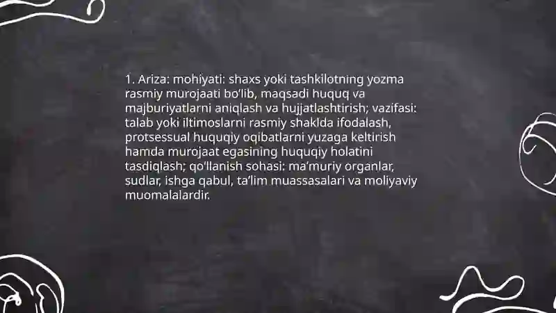 Ariza bayonnoma bildirishnoma dalolatnoma ishonchnoma maʼlumotnoma tavsif tavsiyanoma tarjimayi hol tilxat eʼlon hisobot xizmat xati daʼvo xati iltimos xati kafolat xati soʻrov xati farmoyish koʻrsatma buyruq 3