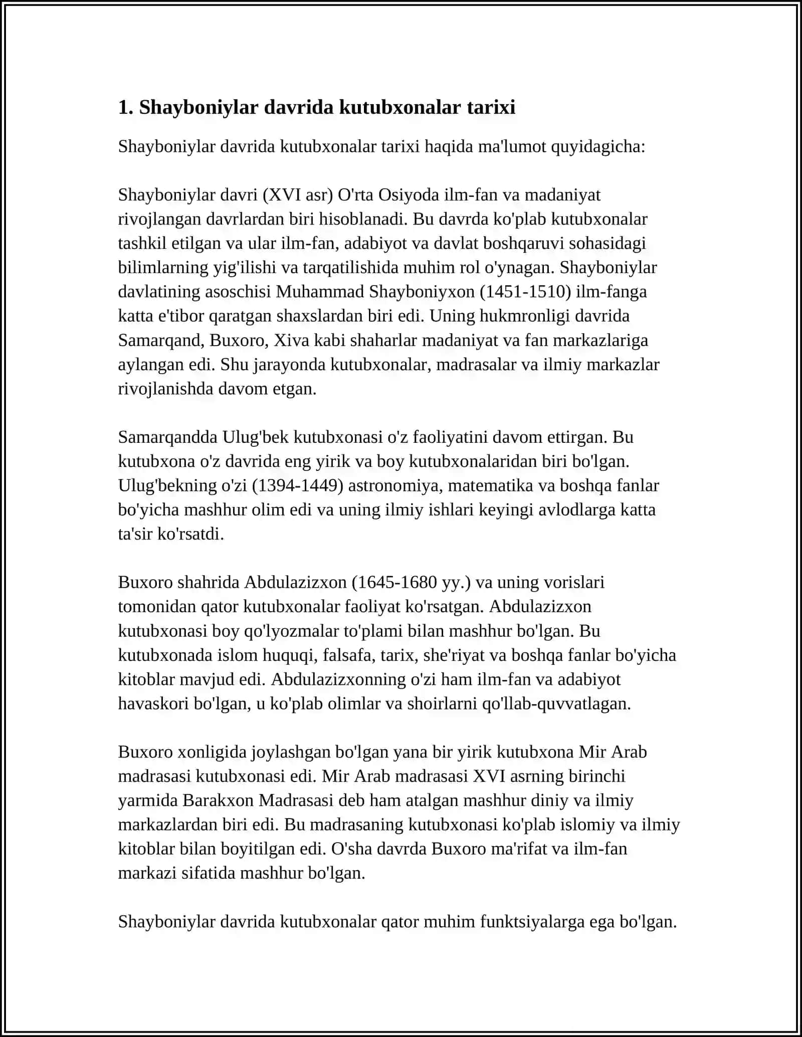 MUSTAQIL ISH Mavzu: SHAYBONIYLAR VA ASHTARXONIYLAR DAVLATLARIDA KUTUBXONALAR 3