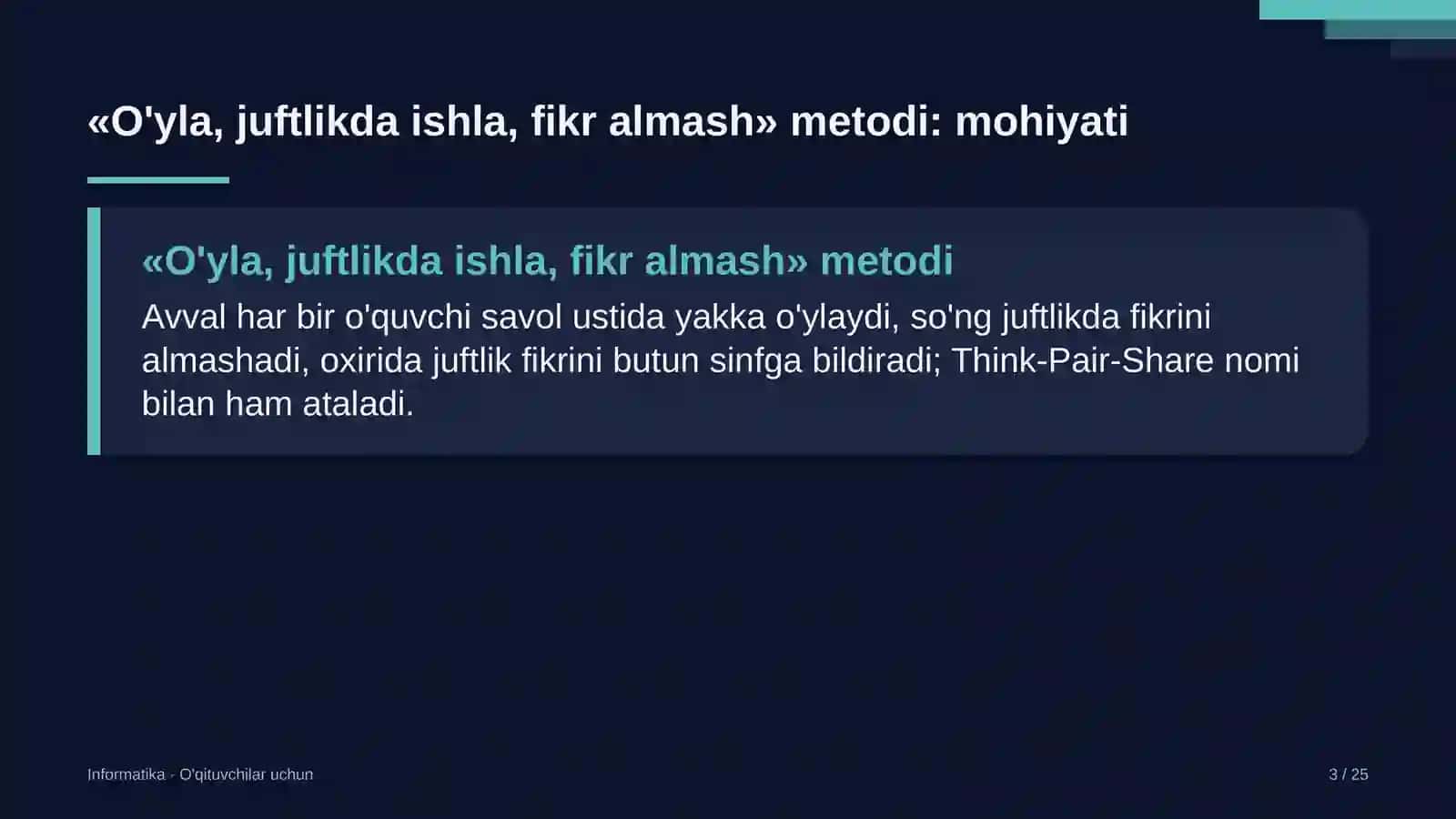 informatika darslarida o'yla juftlikda ishla fikr almash metodidan foydalanish 8156 3