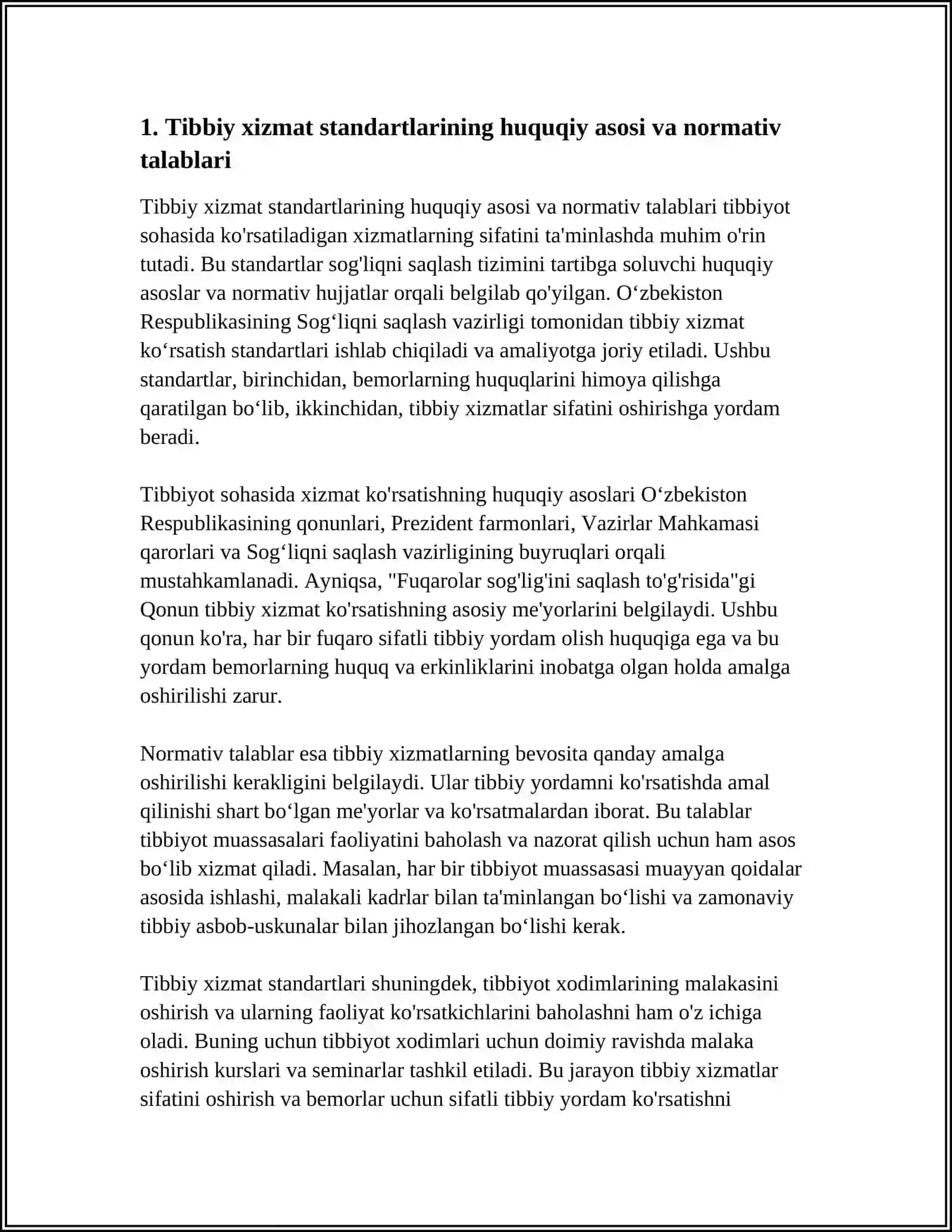 TIBBIY XIZMAT STANDARTLARI VA KÒRSATILAYOTGAN XIZMATLARNI BAHOLASH 3