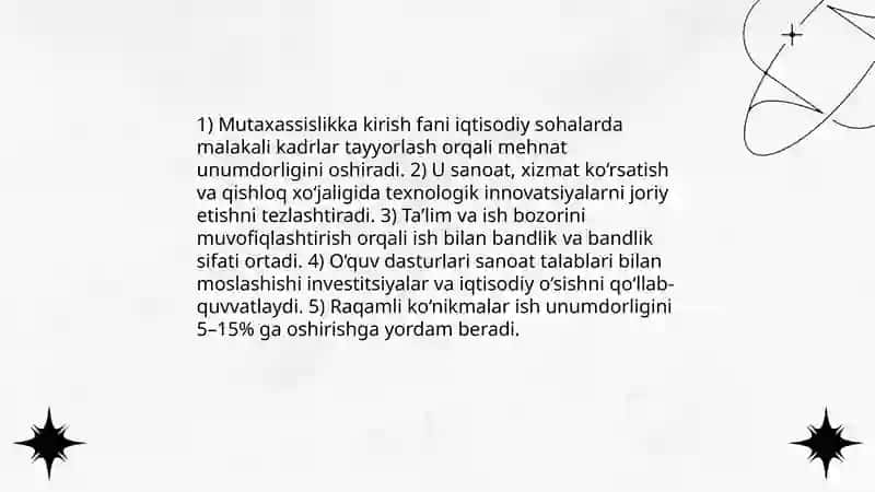 Mutaxassislikka kirish Fanning iqtisodiyot tarmoqlarida tutgan oʻrni 3