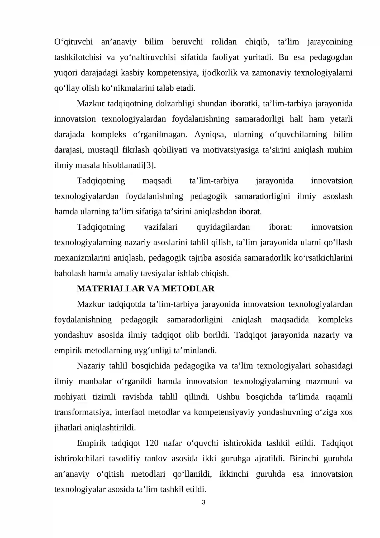 TА’LIM-TАRBIYА JАRАYОNIDА INNОVАTSIОN TEXNОLОGIYАLАRDАN FОYDАLАNISHNING PEDАGОGIK SАMАRАDОRLIGI 3