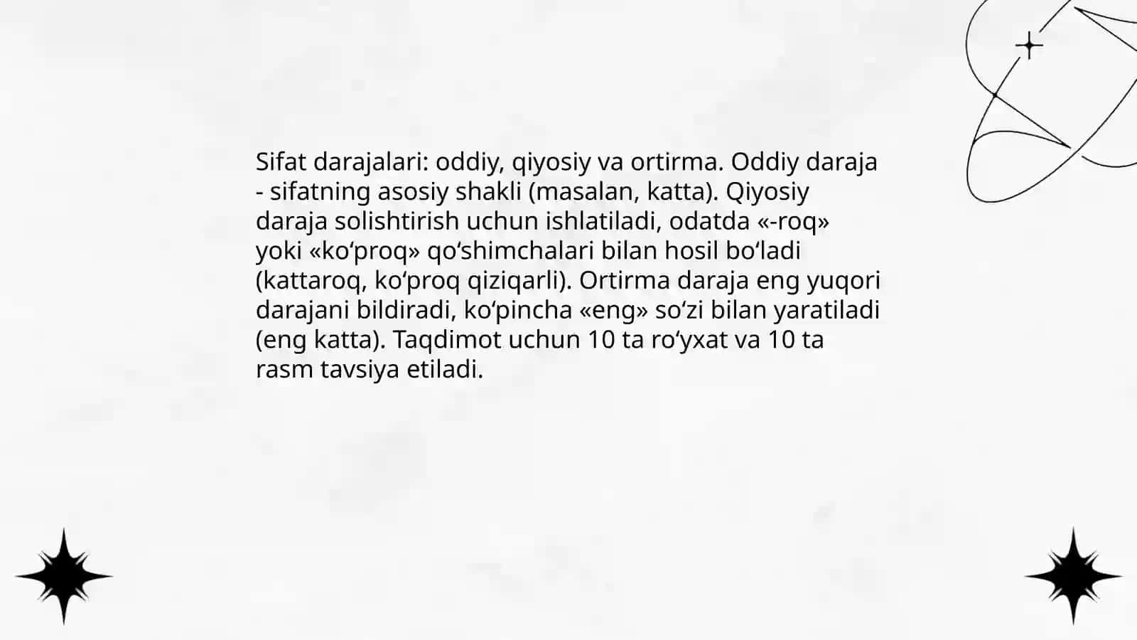 Sifat darajalari qiyosiy darajalari ortirma daraja oddiy har xil negizlardan yasalgan sifatlar taqdimot qb ber 10 ta list rasmlari xam bolsin 3