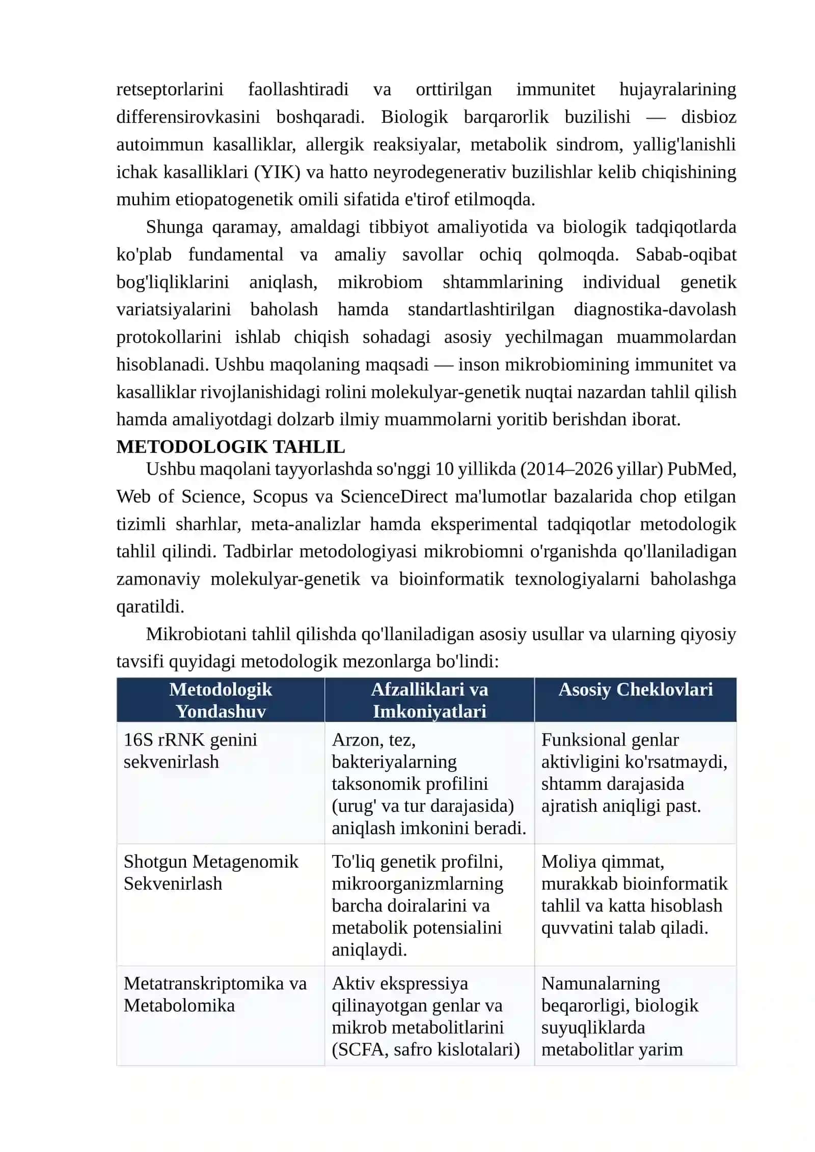 INSON MIKROBIOMINING IMMUNITET VA KASALLIKLAR RIVOJLANISHIDAGI ROLI: HALI YECHILMAGAN ILMIY MUAMMOLAR 3