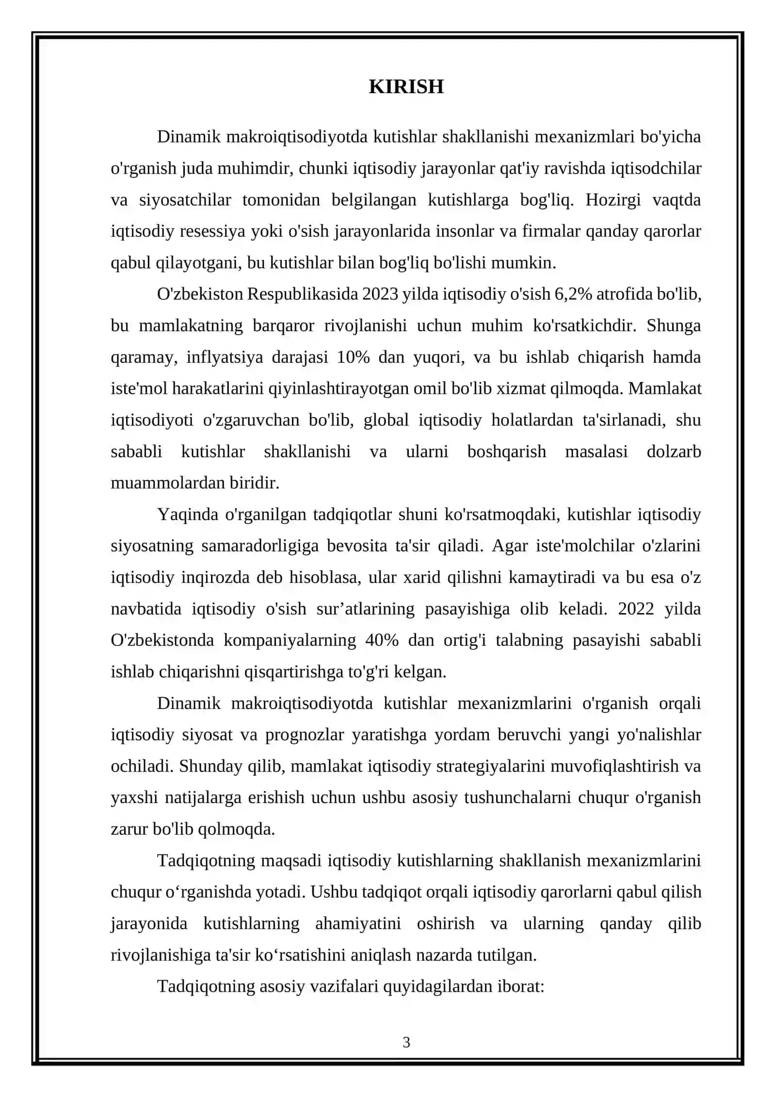 "Dinamik makroiqtisodiyotda kutishlar shakllanishi mexanizmlari" kurs ishi 3