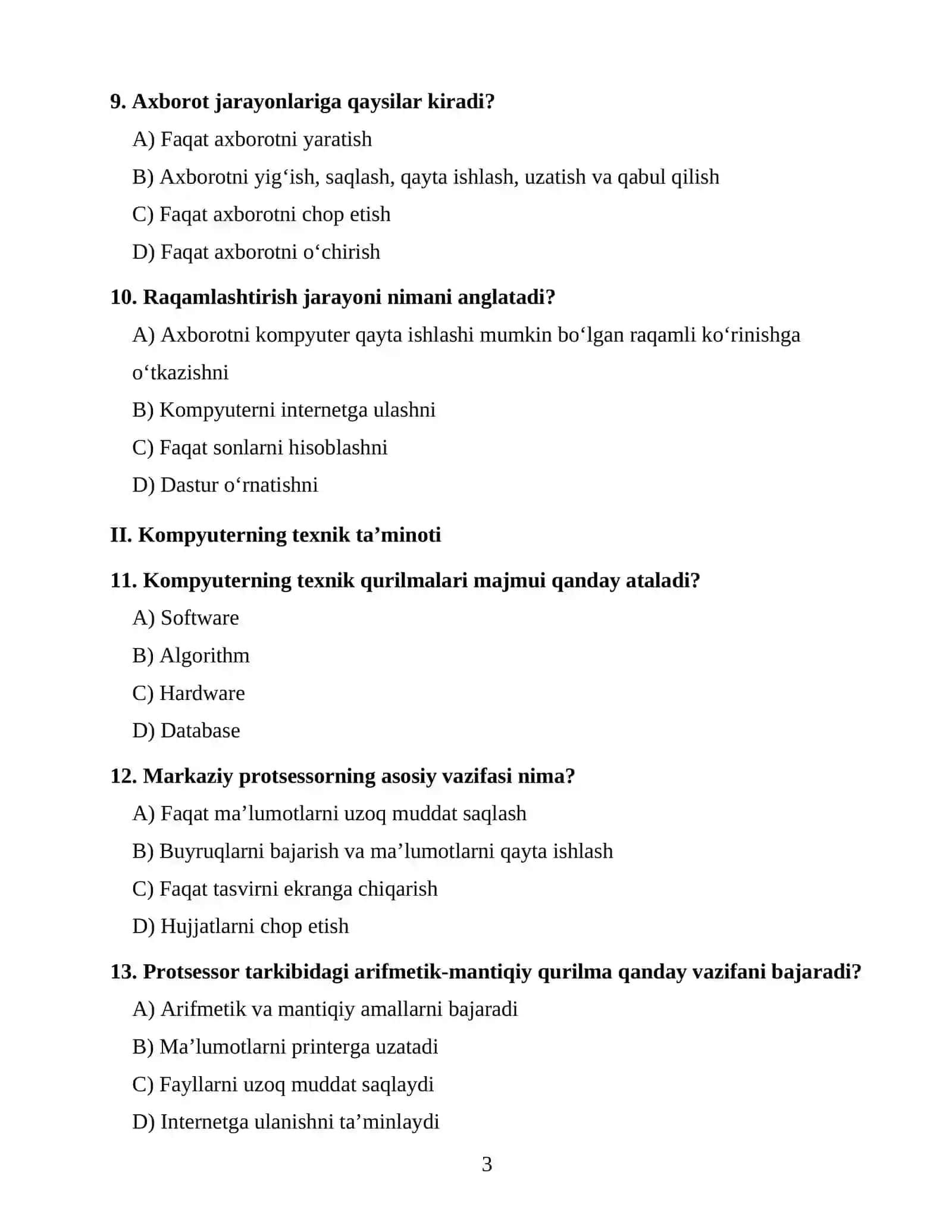 AXBOROT TEXNOLOGIYALARI FANIDAN OTM 1-KURS UCHUN 100 TA TEST 3