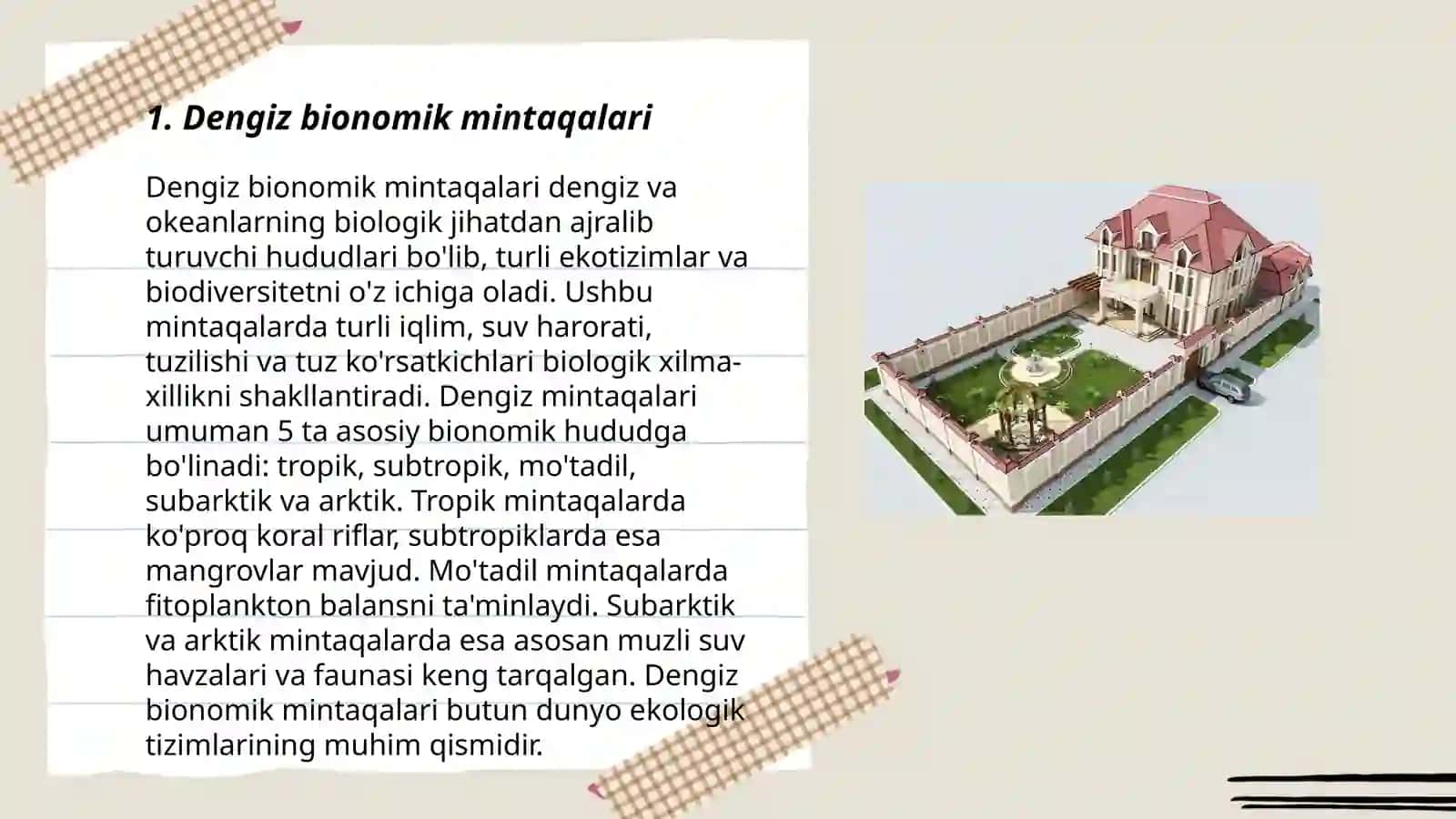 Dengiz va okeanlaming bionomik mintaqalari, quruqlikda o'simlik va hayvonlarni yashash sharoitlari 3