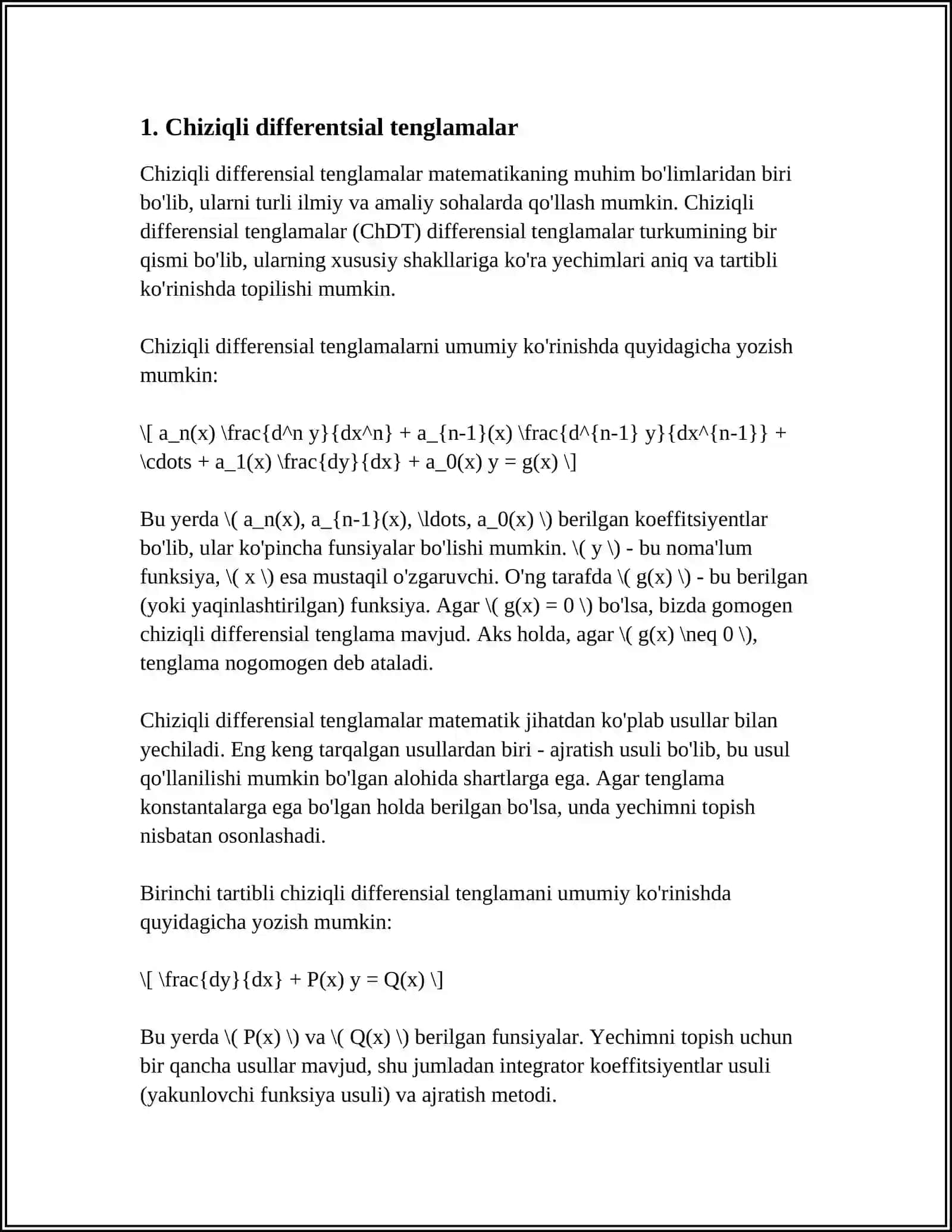 CHIZIQLI OʻZGARMAS KOEFFISIYENLI BIR JINSLI VA BIR JINSLI BOʻLMAGAN DIFFERENTSIAL TENGLAMALAR 3