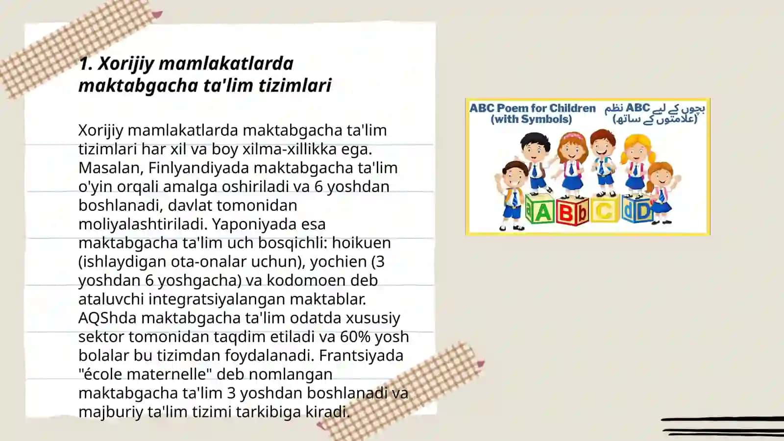 Xorijda maktabgacha ta‟lim fanining predmeti. Jahon mamlakatlari ta'lim taraqqiyotining ayrim masalalari 3