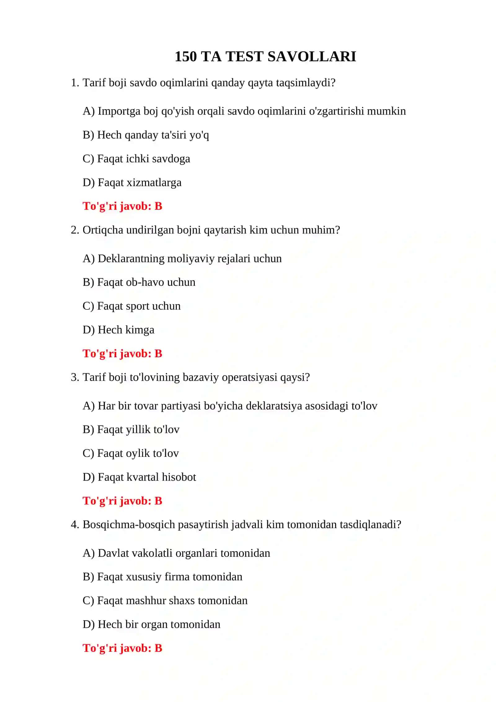 BOJXONA TARIF SIYOSATI TESTLARI 3