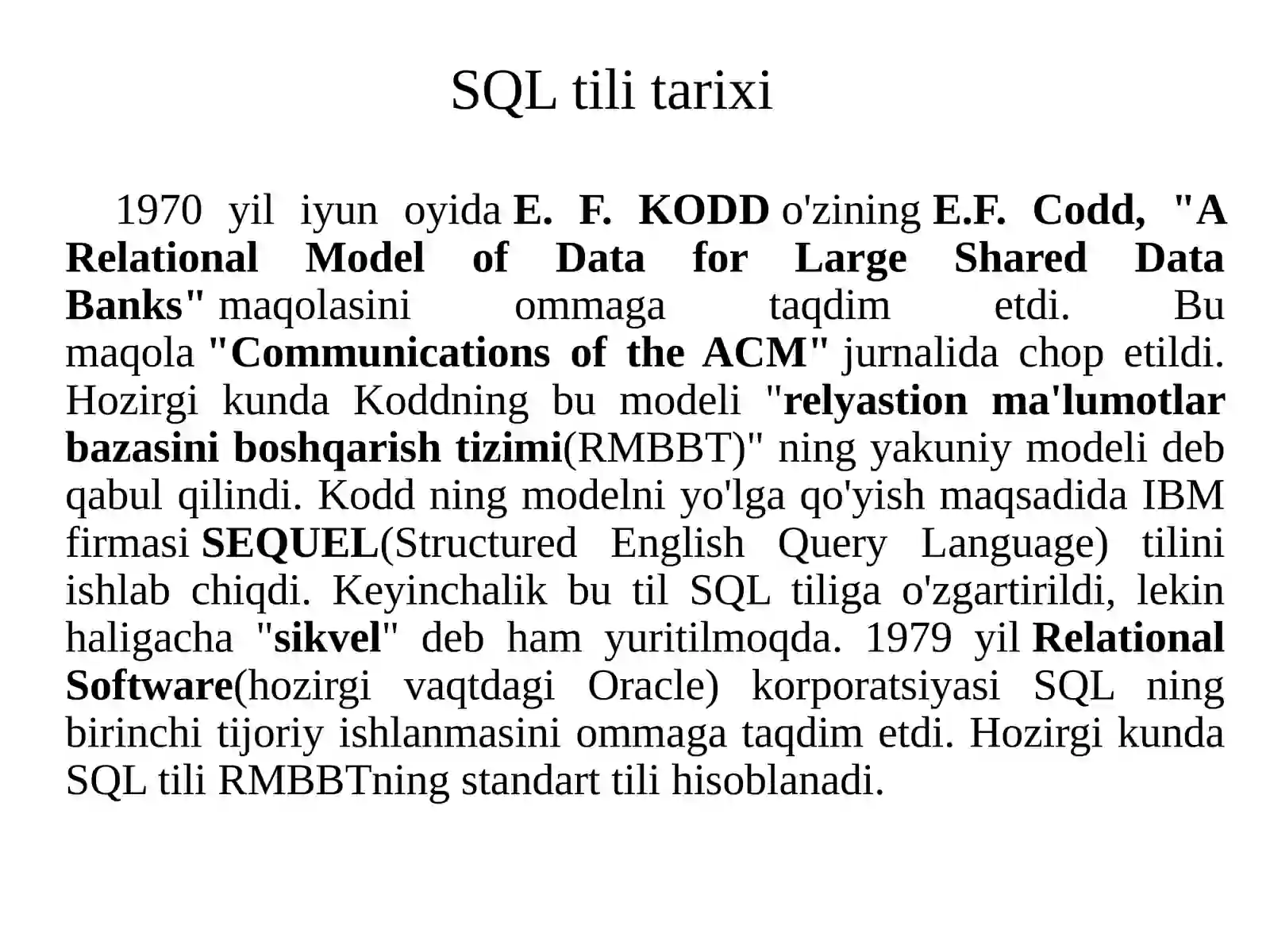 SQL tili. SQL operatorlarini yozish, SQL tilida standart funksiyalar. 3