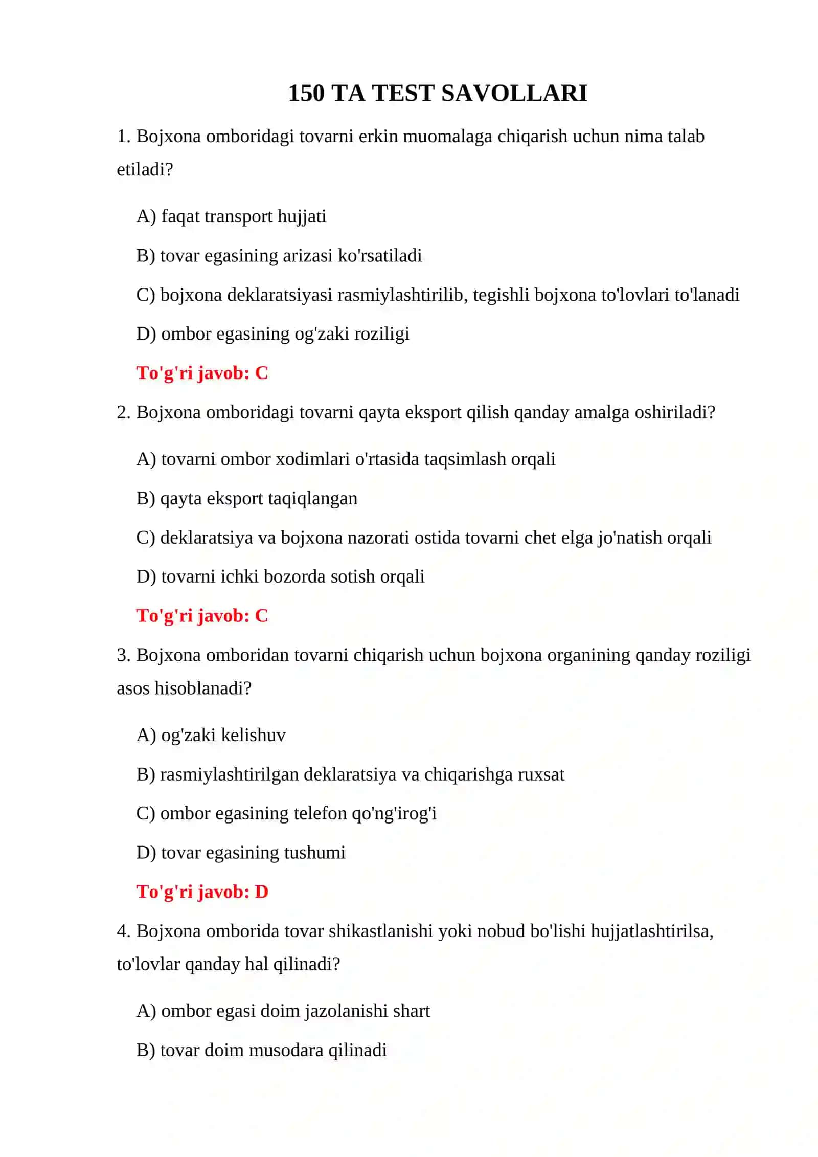 BOJXONA OMBORLARI TESTLARI 3