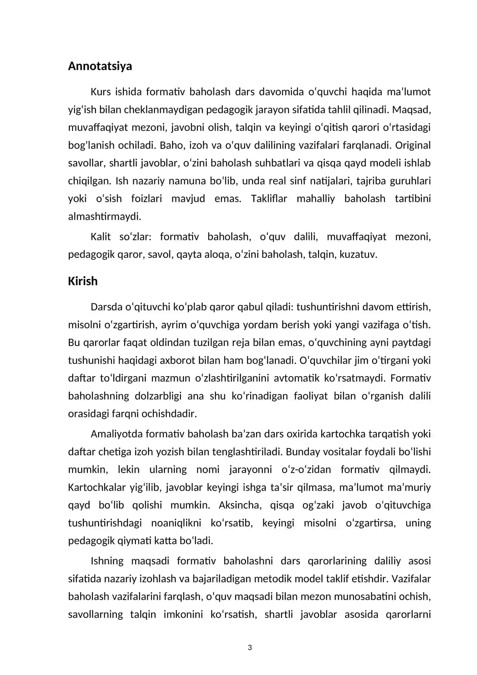 Formativ baholashning pedagogik asoslari va dars qarorlarini dalil bilan bog‘lash — kurs ishi namunasi 3