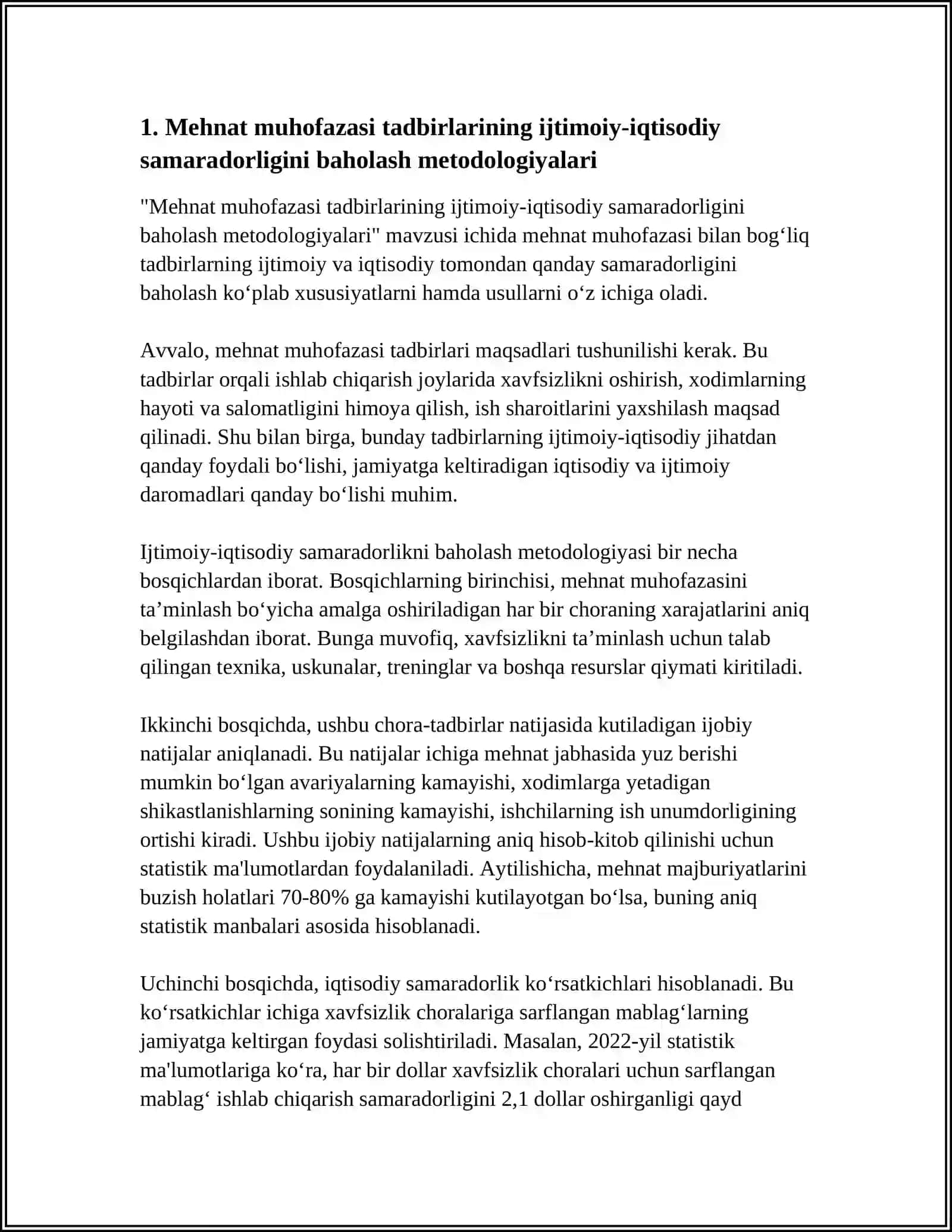 Mehnat muhofazasi tadbirlarining ijtimoiy-iqtisodiy samaradorligini baholash metodologiyalari 3