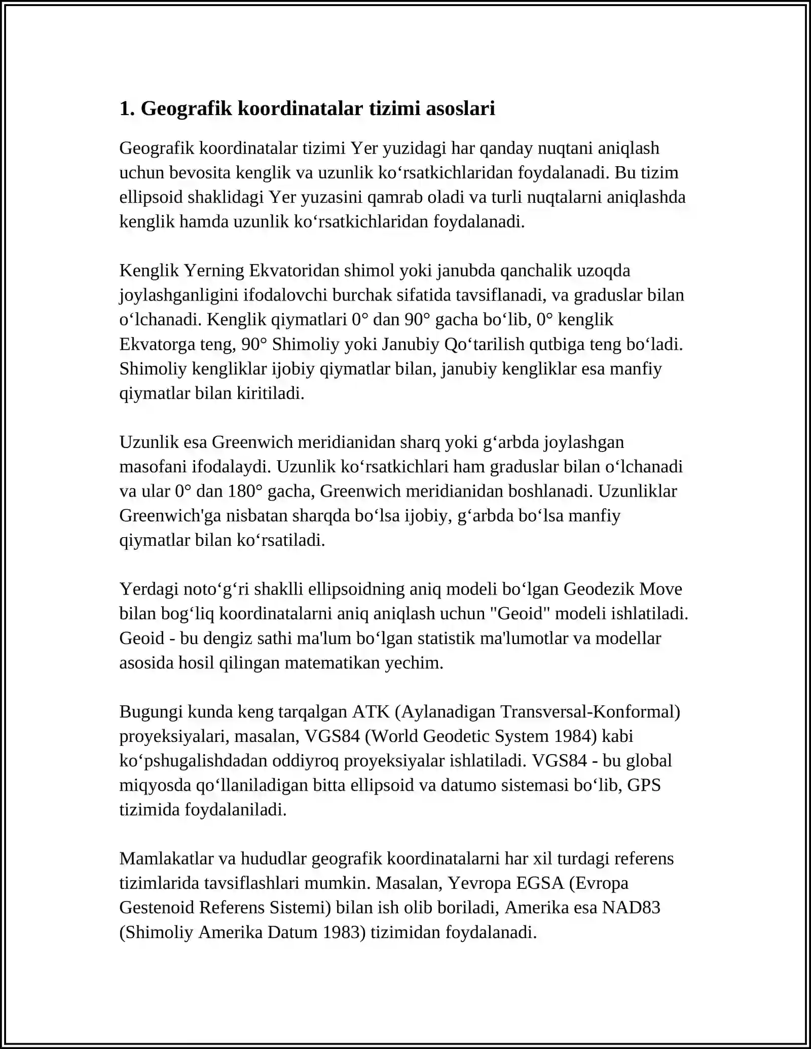 MUSTAQIL ISH Mavzu: JOY PLANI VA GEOGRAFIK KOORDINATALAR TIZIMI,ORIYENTIRLASH,ORIYENTIRLASH BURCHAKLARINI O‘RGANISH 3