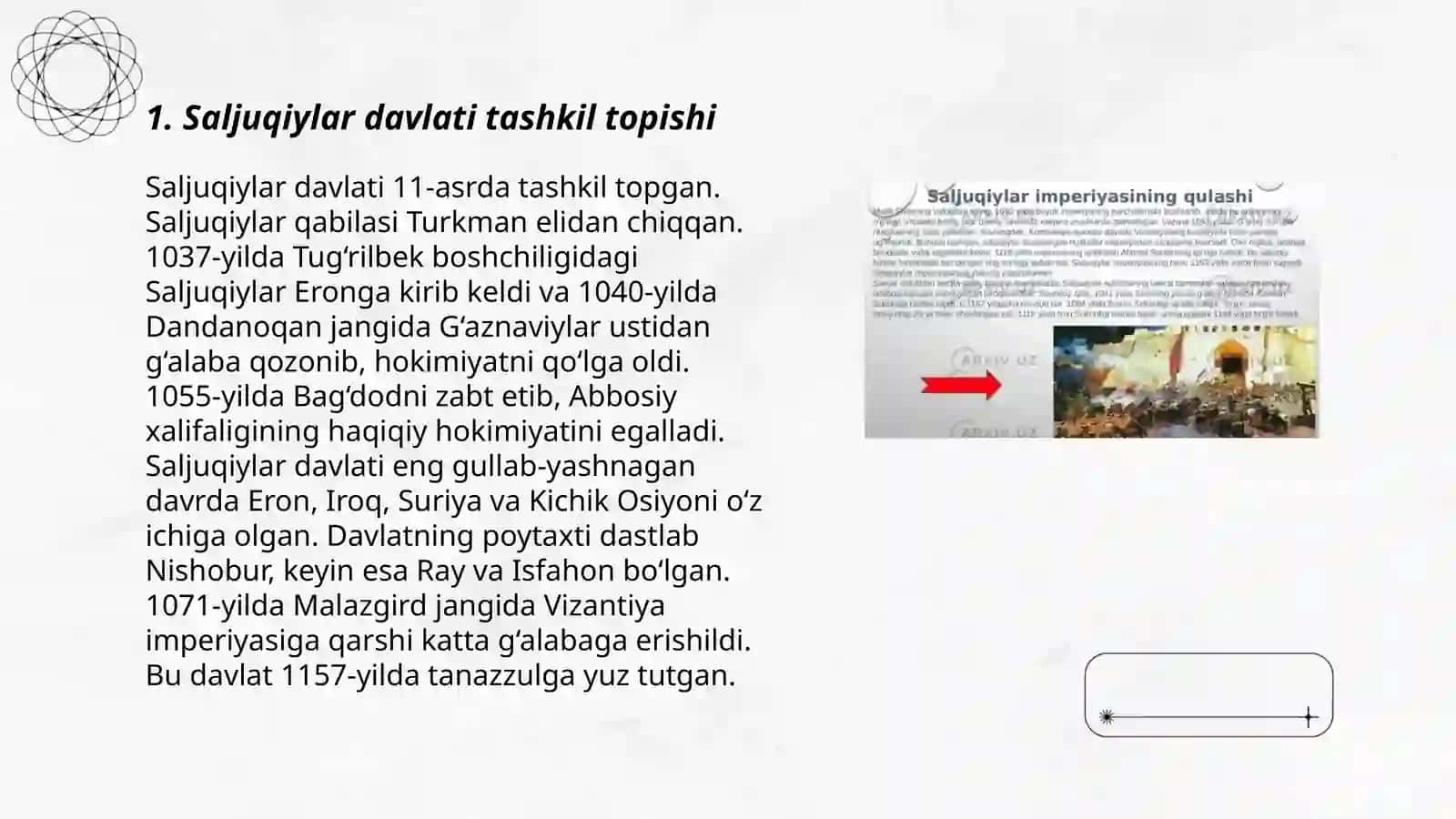 Saljuqiylar davlati 7-"A" sinf o'quvchilari uchun 3