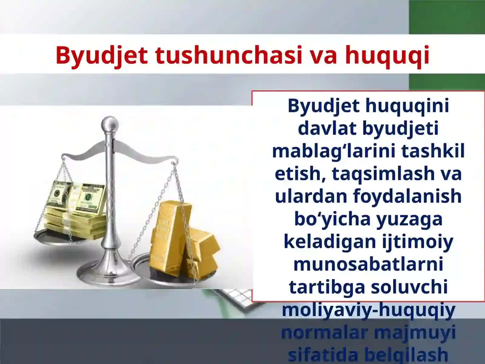 Byudjet huquqini davlat byudjeti mablag‘larini tashkil etish, taqsimlash va ulardan foydalanish bo‘yicha yuzaga keladigan ijtimoiy munosabatlarni tartibga soluvchi moliyaviy-huquqiy normalar majmuyi 3