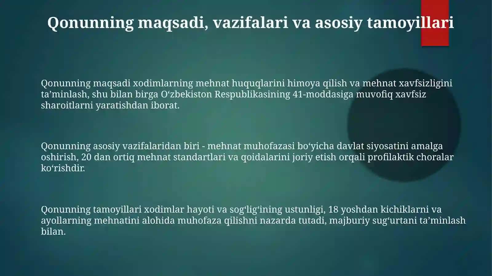 Oʻzbekiston Respublikasi Mehnatnimuhofaza qilish toʻgʻrisida qonun mazmuni va mohiyati 3