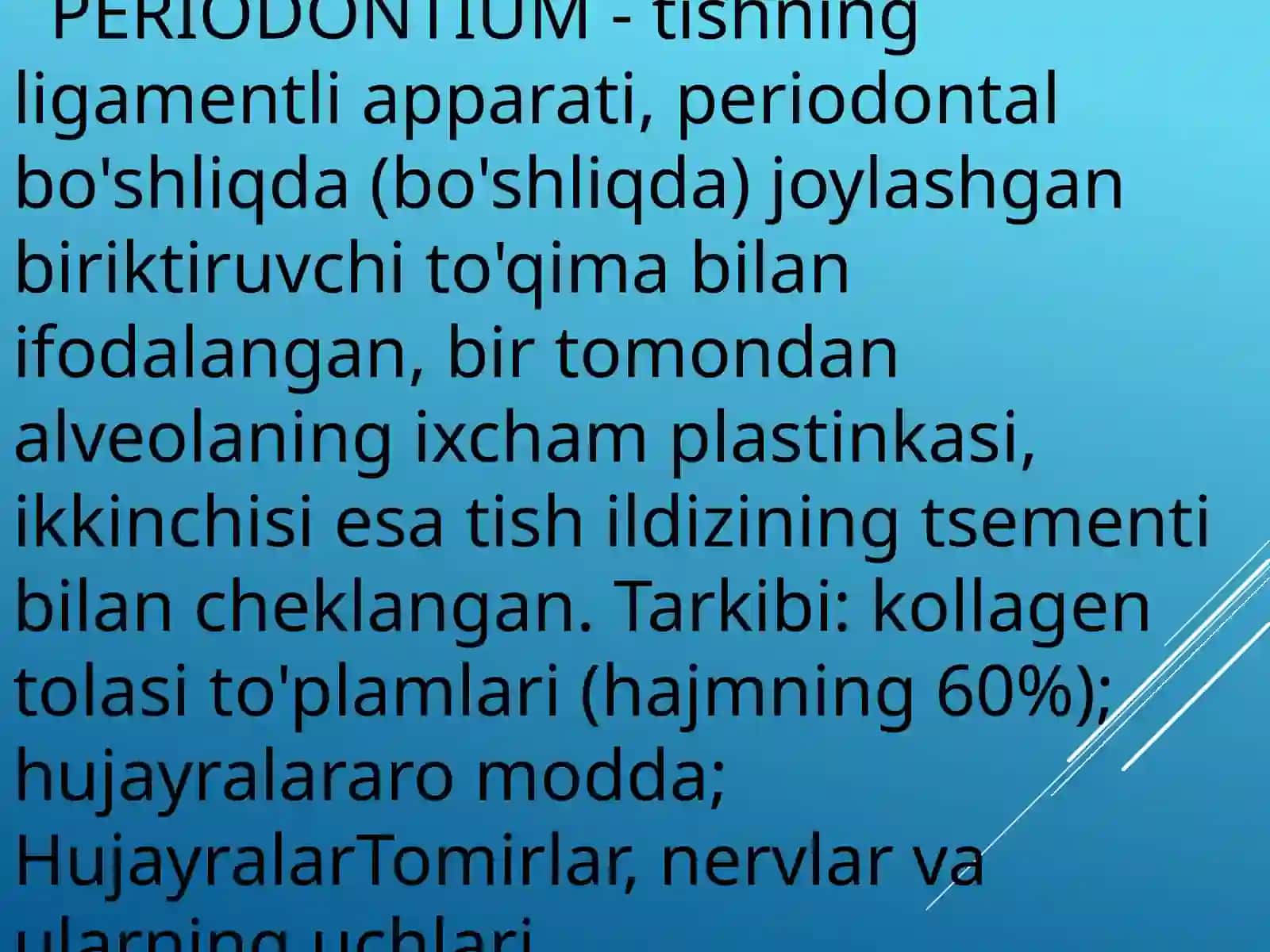 Periodont: tuzilishi, vazifalari. Apikal periodontit: etiologiyasi va patogenezi. Turli shakllarning tasnifi, klinik ko'rinishi. 3