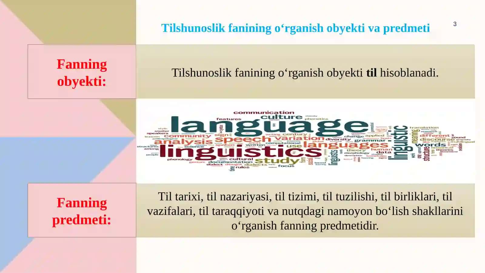 Tilshunoslik fanining o‘rganish obyekti.Tilning paydo bo‘lishi.Tillarning o‘zaro munosabatlari va rivojlanish qonuniyatlari. 3