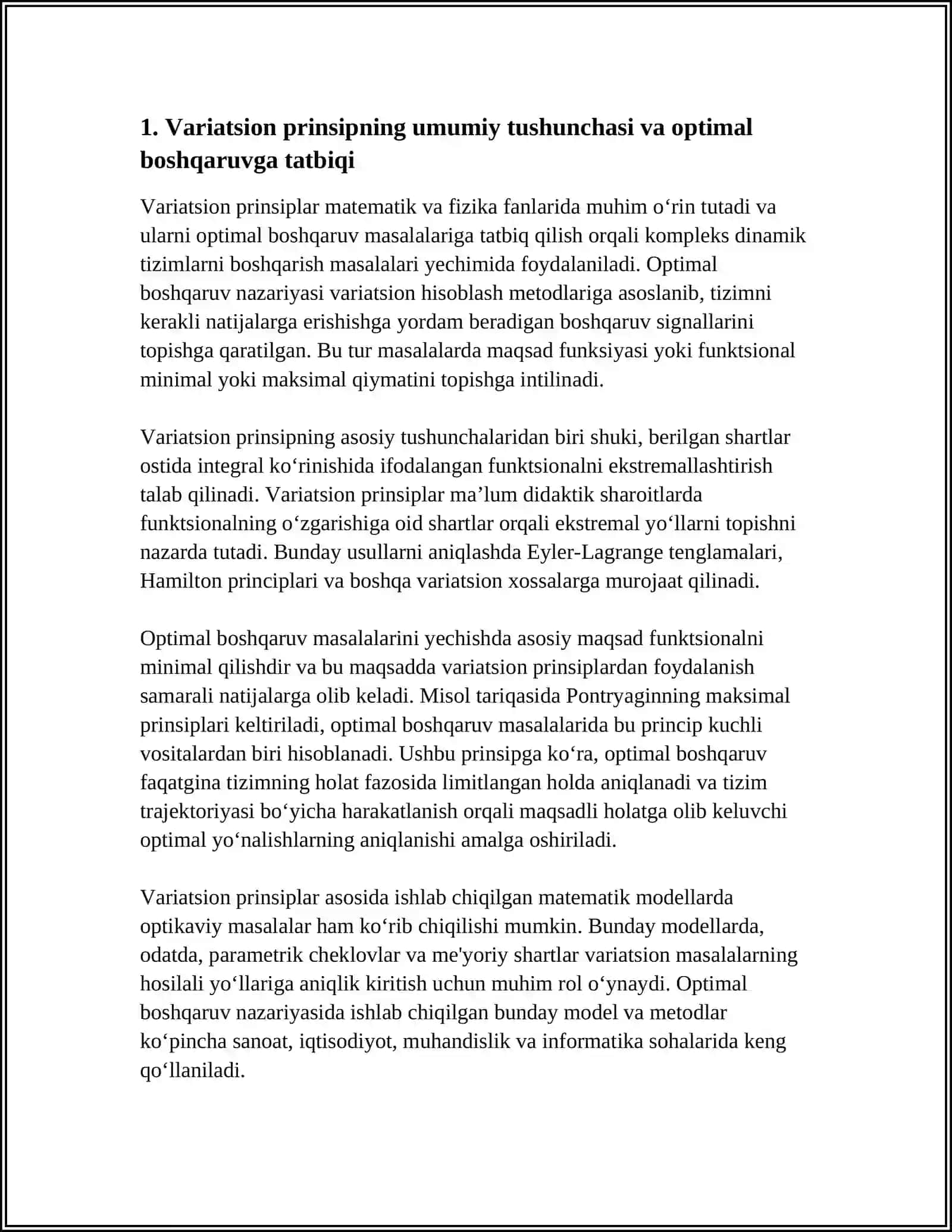 VARIATSION PRINSIP ASOSIDA OPTIMAL BOSHQARUV MASALALARINING MATEMATIK MODELI 3