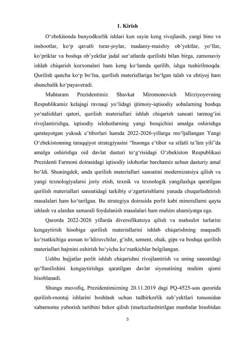 Yillik unumdorligi 700 ming m3 bo‘lgan ko‘pchitilgan perlit ishlab chiqarish texnologiyasi 3